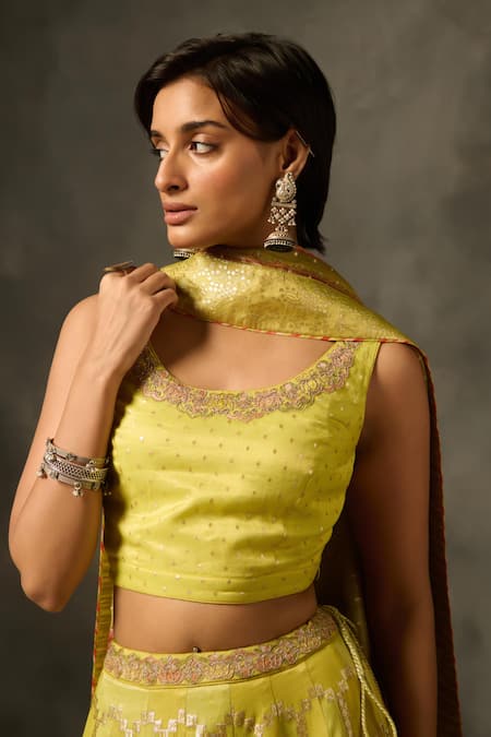 Saundh Green Viscose, Tissue Embroidery Round Neck Lehenga Set at Aza Fashions Saundh_Green Viscose, Tissue Embroidery Round Neck Lehenga Set _at_Aza_Fashions