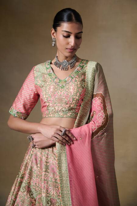 Saundh_Pink Bemberg, Silk, Viscose, Organza Embroidery V-neck Rani Printed Lehenga Set _Online_at_Aza_Fashions