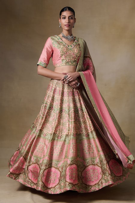 Shop_Saundh_Pink Bemberg, Silk, Viscose, Organza Embroidery V-neck Rani Printed Lehenga Set _Online_at_Aza_Fashions