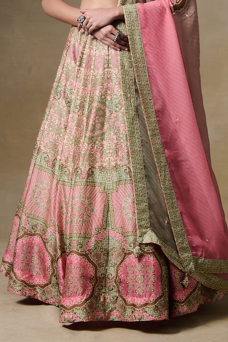 Saundh_Pink Bemberg, Silk, Viscose, Organza Embroidery V-neck Rani Printed Lehenga Set _at_Aza_Fashions