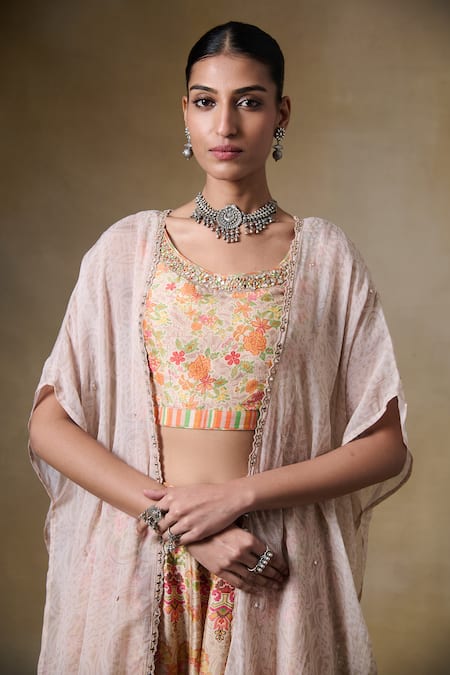 Buy_Saundh_Multi Color Bemberg, Viscose, Silk Sequins Round Neck, Open Printed Lehenga Set _Online_at_Aza_Fashions