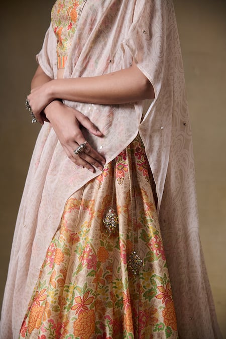 Shop_Saundh_Multi Color Bemberg, Viscose, Silk Sequins Round Neck, Open Printed Lehenga Set _Online_at_Aza_Fashions
