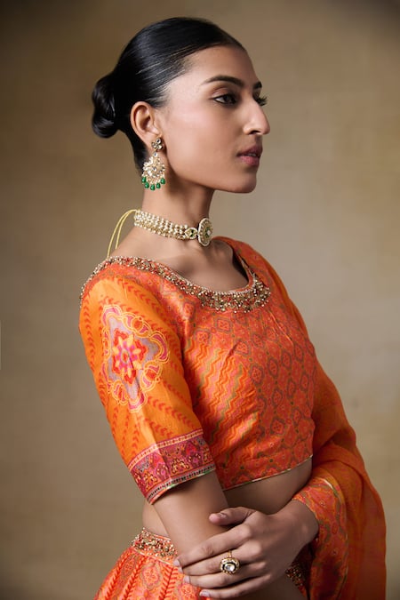 Saundh_Orange Bemberg, Silk, Viscose, Organza Beads, Tassels Round Printed Lehenga Set _Online_at_Aza_Fashions