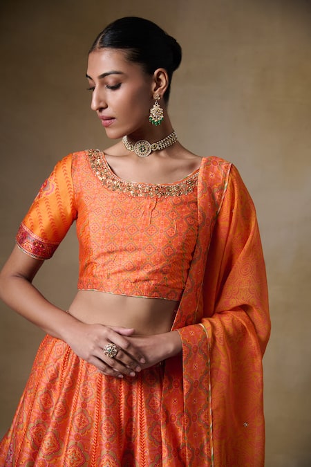 Buy_Saundh_Orange Bemberg, Silk, Viscose, Organza Beads, Tassels Round Printed Lehenga Set _Online_at_Aza_Fashions