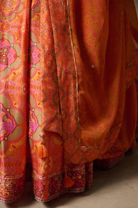 Saundh_Orange Bemberg, Silk, Viscose, Organza Beads, Tassels Round Printed Lehenga Set _at_Aza_Fashions