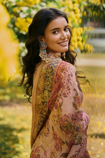 Saundh_Pink Tissue, Jacquard, Voile Round Neck Lehenga Set _Online_at_Aza_Fashions