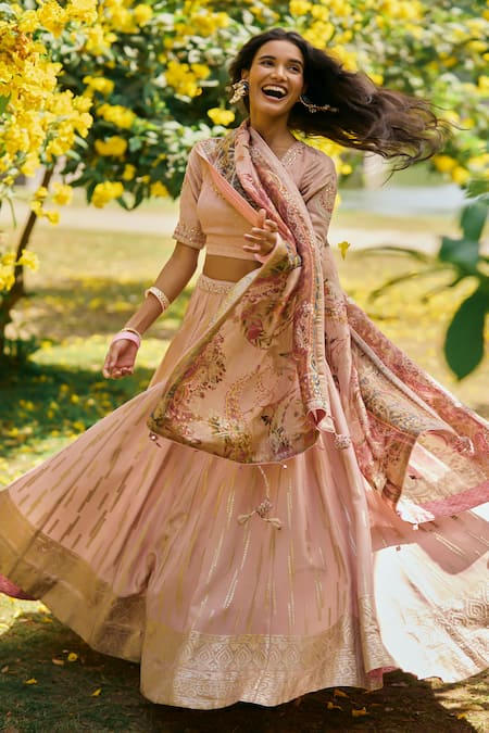 Saundh Pink Tissue Jacquard Lehenga Set 