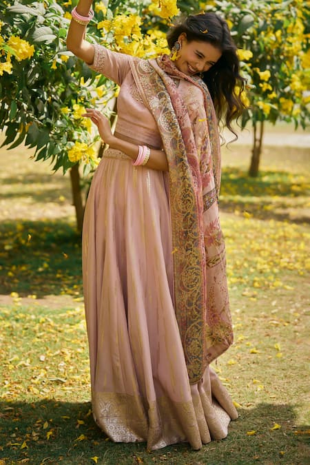 Saundh_Pink Tissue, Jacquard, Voile Round Neck Lehenga Set _at_Aza_Fashions