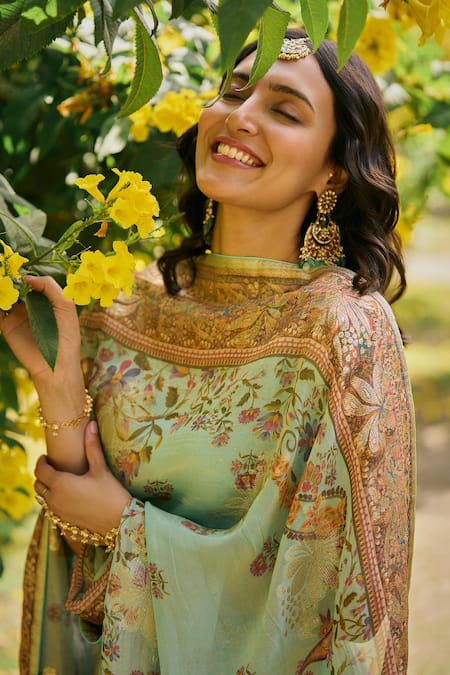 Saundh_Green Tissue, Voile, Jacquard Zari, Embroidery Round Neck Lehenga Set_Online_at_Aza_Fashions