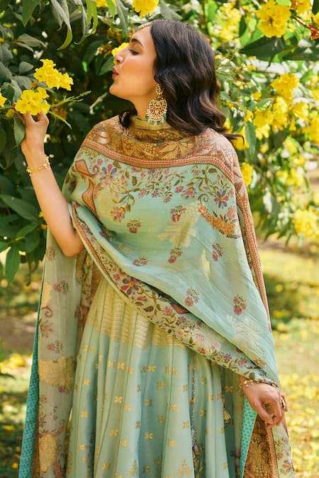 Shop_Saundh_Green Tissue, Voile, Jacquard Zari, Embroidery Round Neck Lehenga Set_Online_at_Aza_Fashions