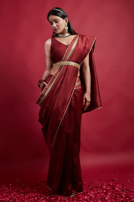 Vinusto Maroon Chanderi Embroidery, Lace V-neck Handloom Saree With Blouse 