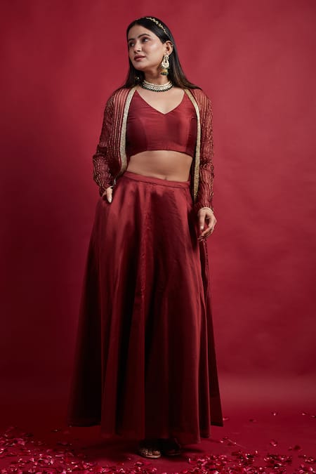 Vinusto Maroon , Silk Cut Work Open , Round Jacket Skirt Set Online at Aza Fashions Vinusto_Maroon , Silk Cut Work Open , Round Jacket Skirt Set _Online_at_Aza_Fashions