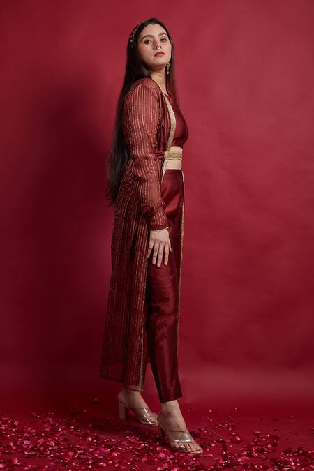 Vinusto Maroon , Silk Embroidery Open , Round Jacket Set Online at Aza Fashions Vinusto_Maroon , Silk Embroidery Open , Round Jacket Set _Online_at_Aza_Fashions