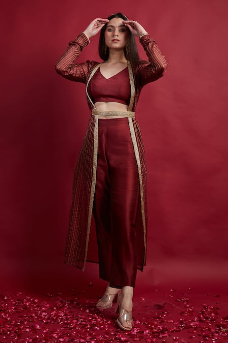 Vinusto Maroon , Silk Embroidery Open , Round Jacket Set 