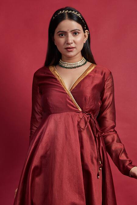 Shop Vinusto Maroon , Cotton Tassels, Lace V-neck Flared Anarkali And Pant Set Online at Aza Fashions Shop_Vinusto_Maroon , Cotton Tassels, Lace V-neck Flared Anarkali And Pant Set _Online_at_Aza_Fashions