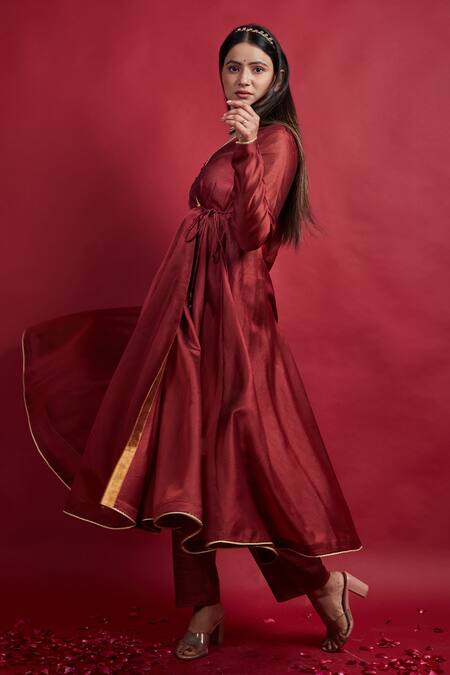 Vinusto Maroon , Cotton Tassels, Lace V-neck Flared Anarkali And Pant Set at Aza Fashions Vinusto_Maroon , Cotton Tassels, Lace V-neck Flared Anarkali And Pant Set _at_Aza_Fashions