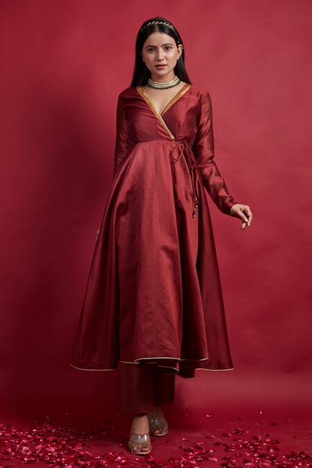 Buy Vinusto Maroon , Cotton Tassels, Lace V-neck Flared Anarkali And Pant Set Buy_Vinusto_Maroon , Cotton Tassels, Lace V-neck Flared Anarkali And Pant Set