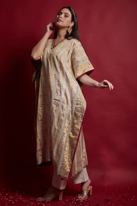 Buy Vinusto Ivory Chanderi Tassels, Embroidery V-neck Gold Zari Stripe Kaftan And Pants Set Online at Aza Fashions Buy_Vinusto_Ivory Chanderi Tassels, Embroidery V-neck Gold Zari Stripe Kaftan And Pants Set _Online_at_Aza_Fashions