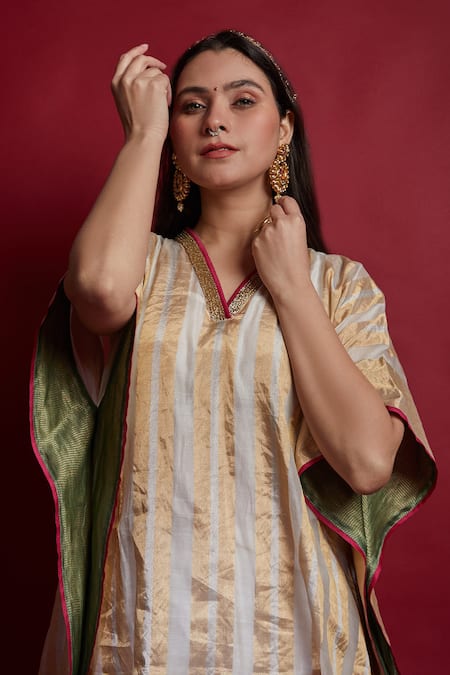 Buy Vinusto Ivory Chanderi Tassels, Embroidery V-neck Gold Zari Stripe Kaftan And Pants Set Buy_Vinusto_Ivory Chanderi Tassels, Embroidery V-neck Gold Zari Stripe Kaftan And Pants Set