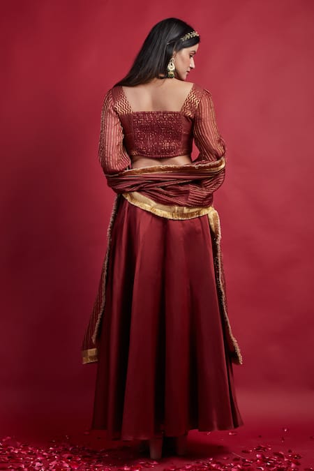 Shop Vinusto Maroon Chanderi Zari, Embroidery, Fringe Flared Lehanga Set With Dupatta at Aza Fashions Shop_Vinusto_Maroon Chanderi Zari, Embroidery, Fringe Flared Lehanga Set With Dupatta _at_Aza_Fashions