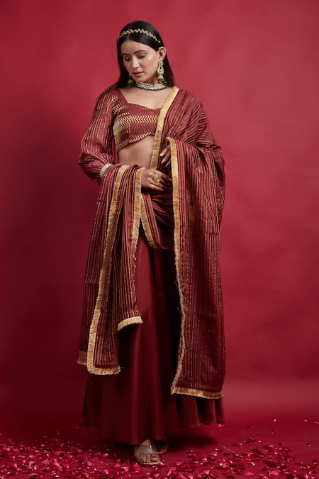 Vinusto Maroon Chanderi Zari, Embroidery, Fringe Flared Lehanga Set With Dupatta 
