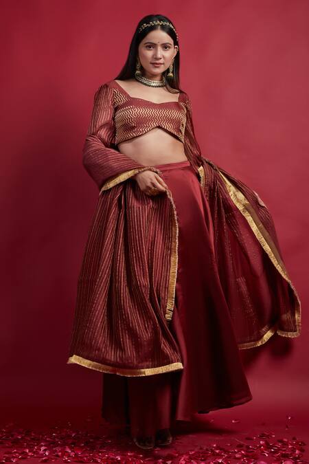 Shop Vinusto Maroon Chanderi Zari, Embroidery, Fringe Flared Lehanga Set With Dupatta Online at Aza Fashions Shop_Vinusto_Maroon Chanderi Zari, Embroidery, Fringe Flared Lehanga Set With Dupatta _Online_at_Aza_Fashions