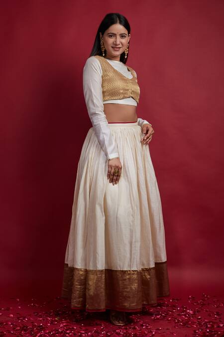 Buy Vinusto Ivory Chanderi Gota Patti, Stones Collared, Round Neck And Gold Lehanga Set Online at Aza Fashions Buy_Vinusto_Ivory Chanderi Gota Patti, Stones Collared, Round Neck And Gold Lehanga Set _Online_at_Aza_Fashions