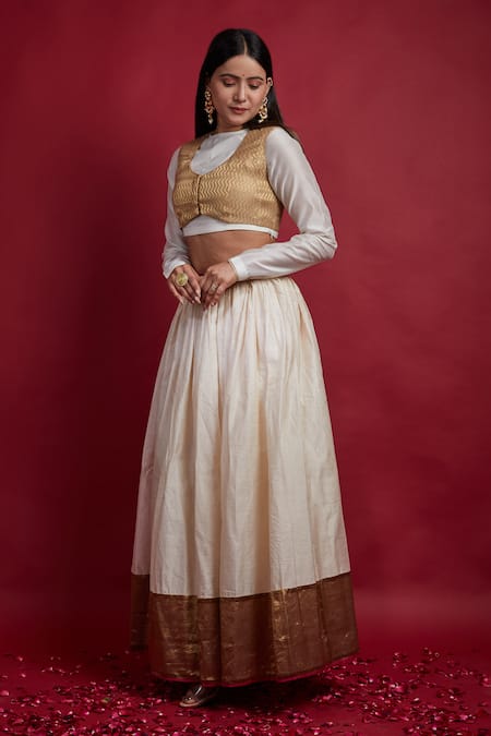 Shop Vinusto Ivory Chanderi Gota Patti, Stones Collared, Round Neck And Gold Lehanga Set at Aza Fashions Shop_Vinusto_Ivory Chanderi Gota Patti, Stones Collared, Round Neck And Gold Lehanga Set _at_Aza_Fashions
