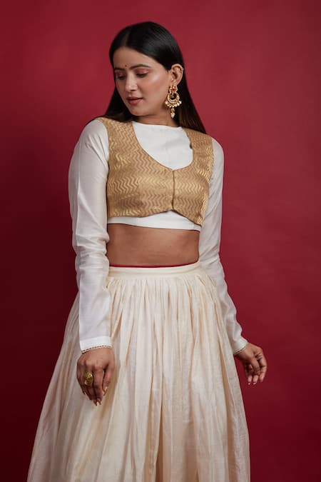 Shop Vinusto Ivory Chanderi Gota Patti, Stones Collared, Round Neck And Gold Lehanga Set Online at Aza Fashions Shop_Vinusto_Ivory Chanderi Gota Patti, Stones Collared, Round Neck And Gold Lehanga Set _Online_at_Aza_Fashions