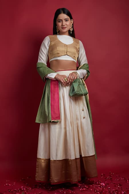 Vinusto Ivory Chanderi Stones High Neck, Collared Gold Lehenga Set