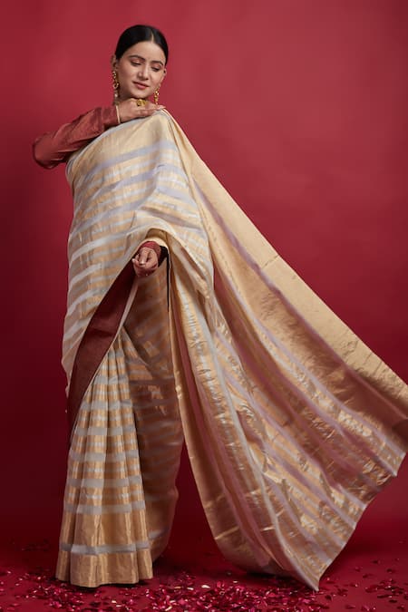 Buy Vinusto Gold Chanderi Zari, Embroidery, Cut Work Round Neck Stripe Saree With Blouse Online at Aza Fashions Buy_Vinusto_Gold Chanderi Zari, Embroidery, Cut Work Round Neck Stripe Saree With Blouse _Online_at_Aza_Fashions