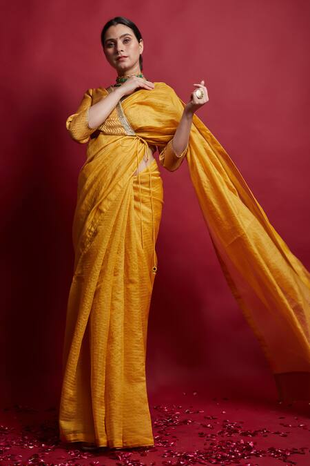 Shop_Vinusto_Turquoise Chanderi Cut Work, Embroidery, Tassels Handwoven Saree And Blouse Set _Online_at_Aza_Fashions