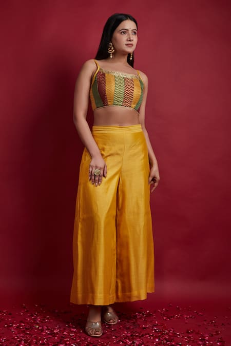 Buy_Vinusto_Maroon Chanderi Cut Work, Lace Square Neck Multi-colored Top And Palazzo Set _Online_at_Aza_Fashions