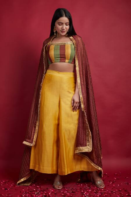 Shop_Vinusto_Maroon Chanderi Cut Work, Lace Square Neck Multi-colored Top And Palazzo Set _Online_at_Aza_Fashions