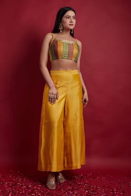 Vinusto_Yellow , Silk Multicolored Spaghetti Top And Turmeric Palazzo _Online_at_Aza_Fashions