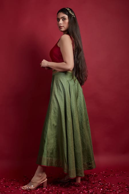 Shop Vinusto Olive Green Chanderi Embroidery, Zari, Tassels Round Neck High Low Lehenga Set at Aza Fashions Shop_Vinusto_Olive Green Chanderi Embroidery, Zari, Tassels Round Neck High Low Lehenga Set _at_Aza_Fashions