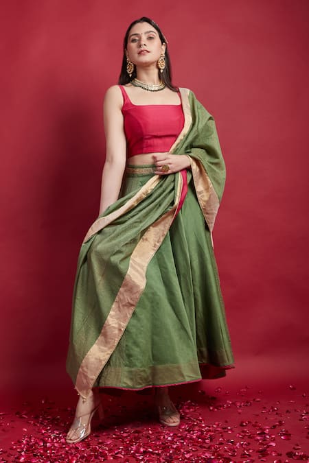 Vinusto Olive Green Chanderi Embroidery, Zari, Tassels Round Neck High Low Lehenga Set Online at Aza Fashions Vinusto_Olive Green Chanderi Embroidery, Zari, Tassels Round Neck High Low Lehenga Set _Online_at_Aza_Fashions