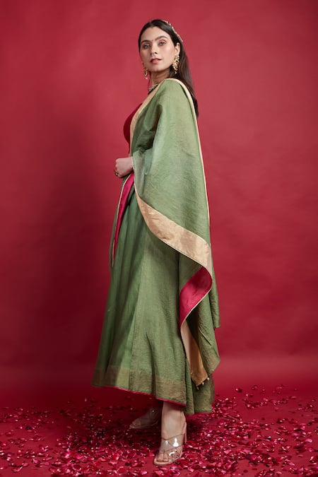 Buy Vinusto Olive Green Chanderi Embroidery, Zari, Tassels Round Neck High Low Lehenga Set Online at Aza Fashions Buy_Vinusto_Olive Green Chanderi Embroidery, Zari, Tassels Round Neck High Low Lehenga Set _Online_at_Aza_Fashions