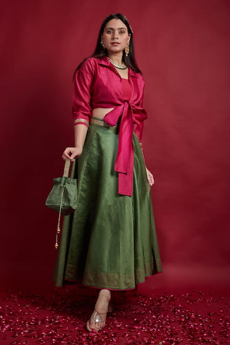 Vinusto Olive Green , Silk Embroidery, Lace And Pink Fusion Lehenga Set 