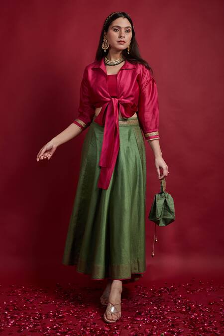 Shop Vinusto Olive Green , Silk Embroidery, Lace And Pink Fusion Lehenga Set Online at Aza Fashions Shop_Vinusto_Olive Green , Silk Embroidery, Lace And Pink Fusion Lehenga Set _Online_at_Aza_Fashions