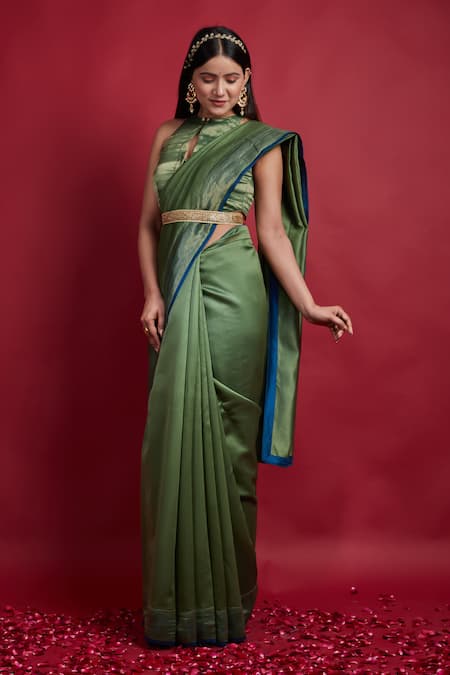 Buy Vinusto Olive Green Chanderi Zari Halter Neck Handwoven Saree Set Online at Aza Fashions Buy_Vinusto_Olive Green Chanderi Zari Halter Neck Handwoven Saree Set _Online_at_Aza_Fashions
