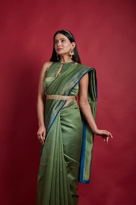 Vinusto Olive Green Chanderi Zari Halter Neck Handwoven Saree Set at Aza Fashions Vinusto_Olive Green Chanderi Zari Halter Neck Handwoven Saree Set _at_Aza_Fashions