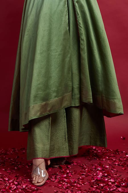 Vinusto Olive Green Chanderi, Silk Embroidery, Lace, Zari Halter Layered Anarkali Set Online at Aza Fashions Vinusto_Olive Green Chanderi, Silk Embroidery, Lace, Zari Halter Layered Anarkali Set _Online_at_Aza_Fashions