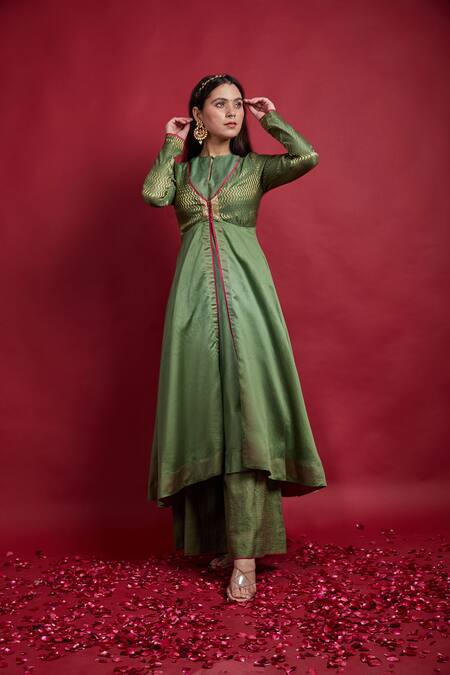 Buy Vinusto Olive Green Chanderi, Silk Embroidery, Lace, Zari Halter Layered Anarkali Set Online at Aza Fashions Buy_Vinusto_Olive Green Chanderi, Silk Embroidery, Lace, Zari Halter Layered Anarkali Set _Online_at_Aza_Fashions