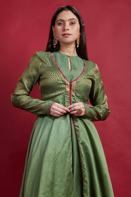 Vinusto Olive Green Chanderi Embroidery Round Neck Flared Anarkali And Palazzo Set Online at Aza Fashions Vinusto_Olive Green Chanderi Embroidery Round Neck Flared Anarkali And Palazzo Set _Online_at_Aza_Fashions