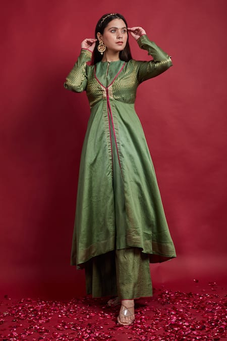 Shop Vinusto Olive Green Chanderi Embroidery Round Neck Flared Anarkali And Palazzo Set at Aza Fashions Shop_Vinusto_Olive Green Chanderi Embroidery Round Neck Flared Anarkali And Palazzo Set _at_Aza_Fashions