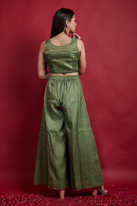 Vinusto Olive Green Chanderi Top & Palazzo Set 