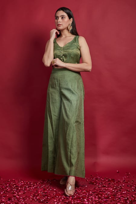 Buy Vinusto Olive Green Chanderi Zari Round Neck Top And Palazzo Set Online at Aza Fashions Buy_Vinusto_Olive Green Chanderi Zari Round Neck Top And Palazzo Set _Online_at_Aza_Fashions