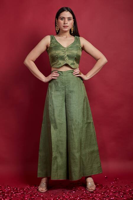 Shop Vinusto Olive Green Chanderi Zari Round Neck Top And Palazzo Set Online at Aza Fashions Shop_Vinusto_Olive Green Chanderi Zari Round Neck Top And Palazzo Set _Online_at_Aza_Fashions