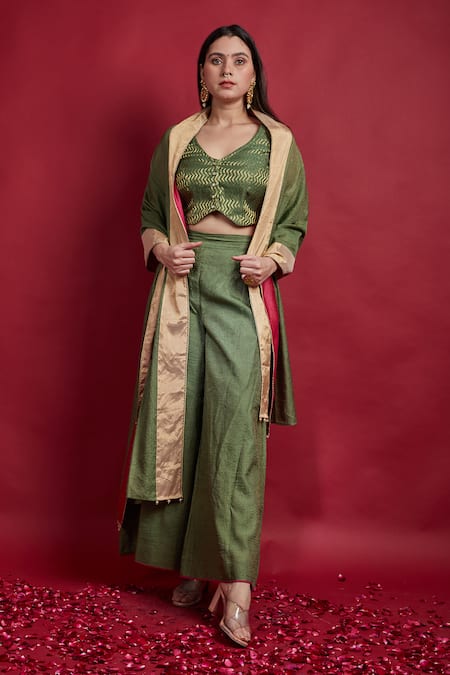Vinusto Olive Green Chanderi Zari Round Neck Top And Palazzo Set